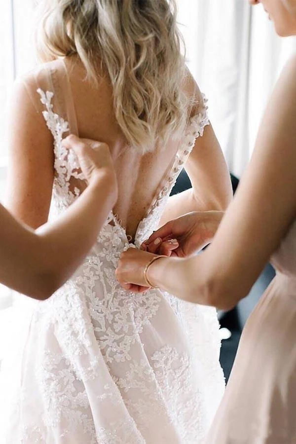 Straps V-neck Floral Beads A-line Beach Wedding Dress