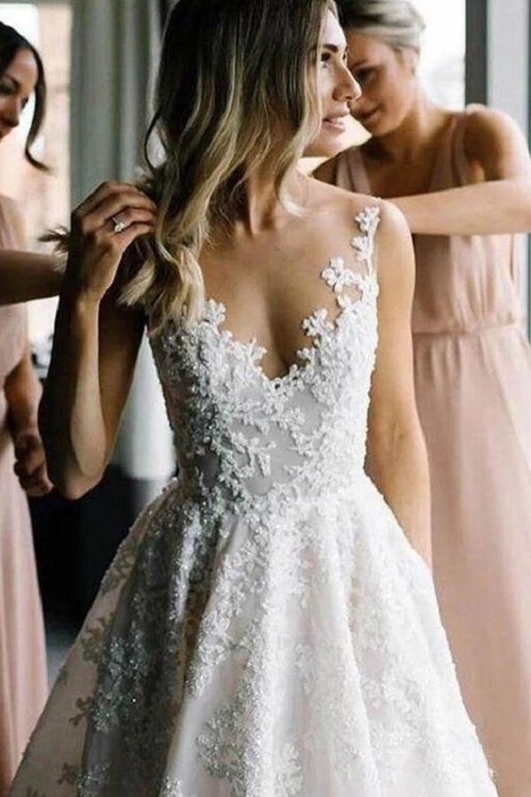 Straps V-neck Floral Beads A-line Beach Wedding Dress