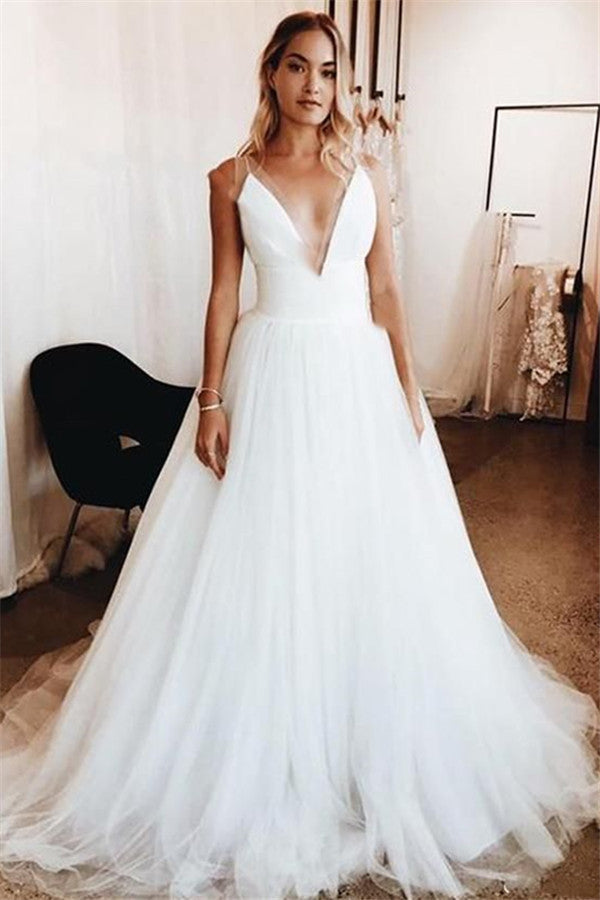 Straps V-neck Sexy Sleeveless Summer Wedding Dresses  | Puffy Tulle Outdoor Bridal Dress