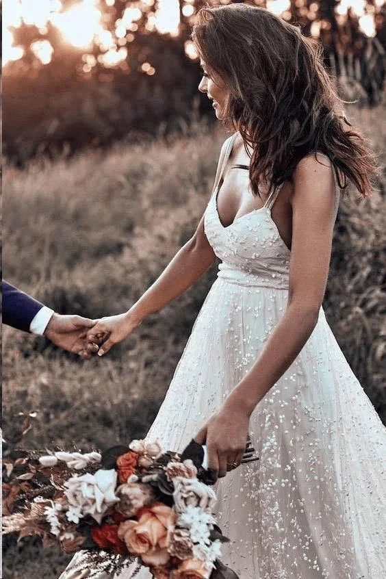 Straps Long Train A-line Lace Simple Rustic Backless Wedding Dress (ZD16243)