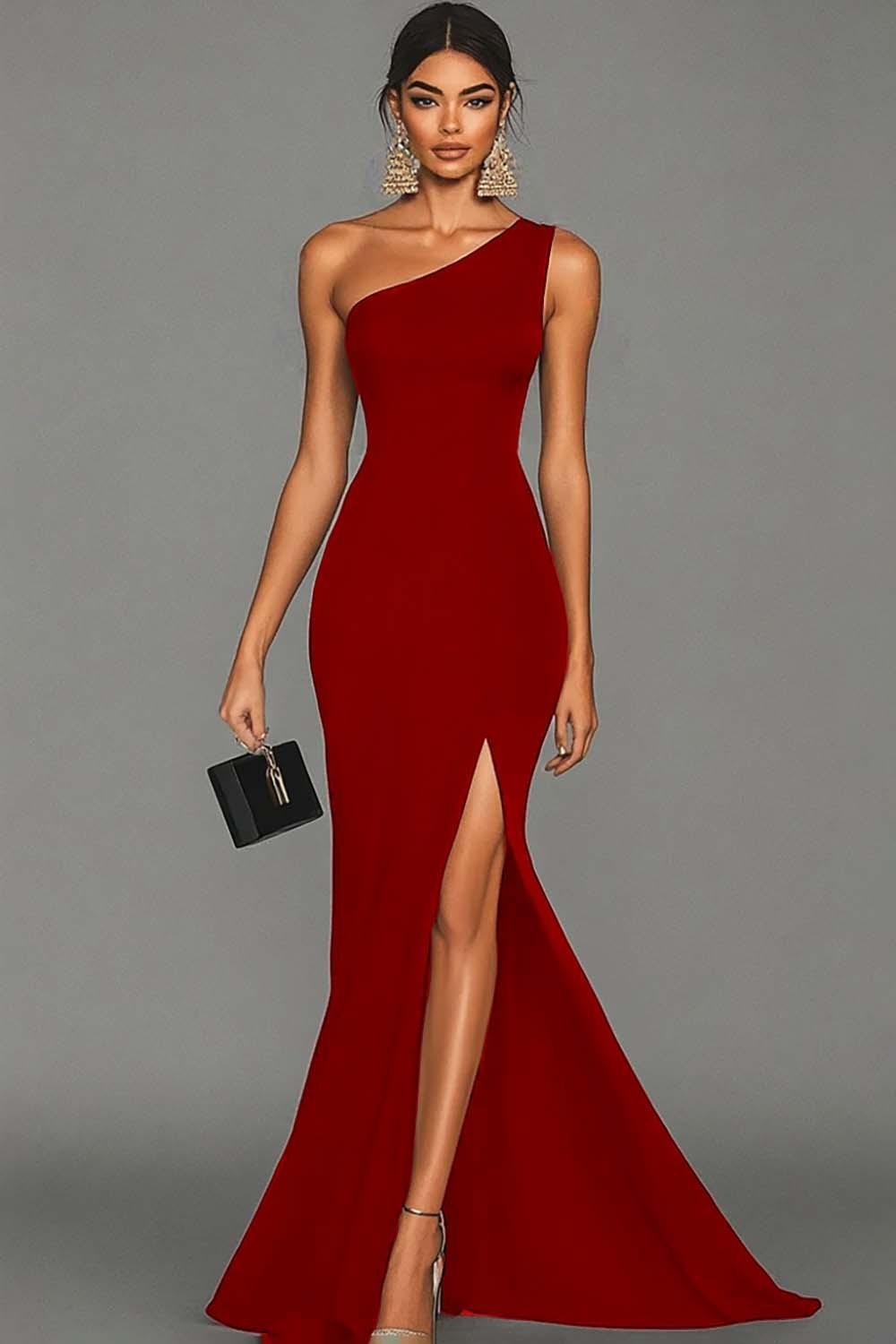Suzhoufashion Stunning Black Mermaid One Shoulder Long Satin Prom Dress With Slit