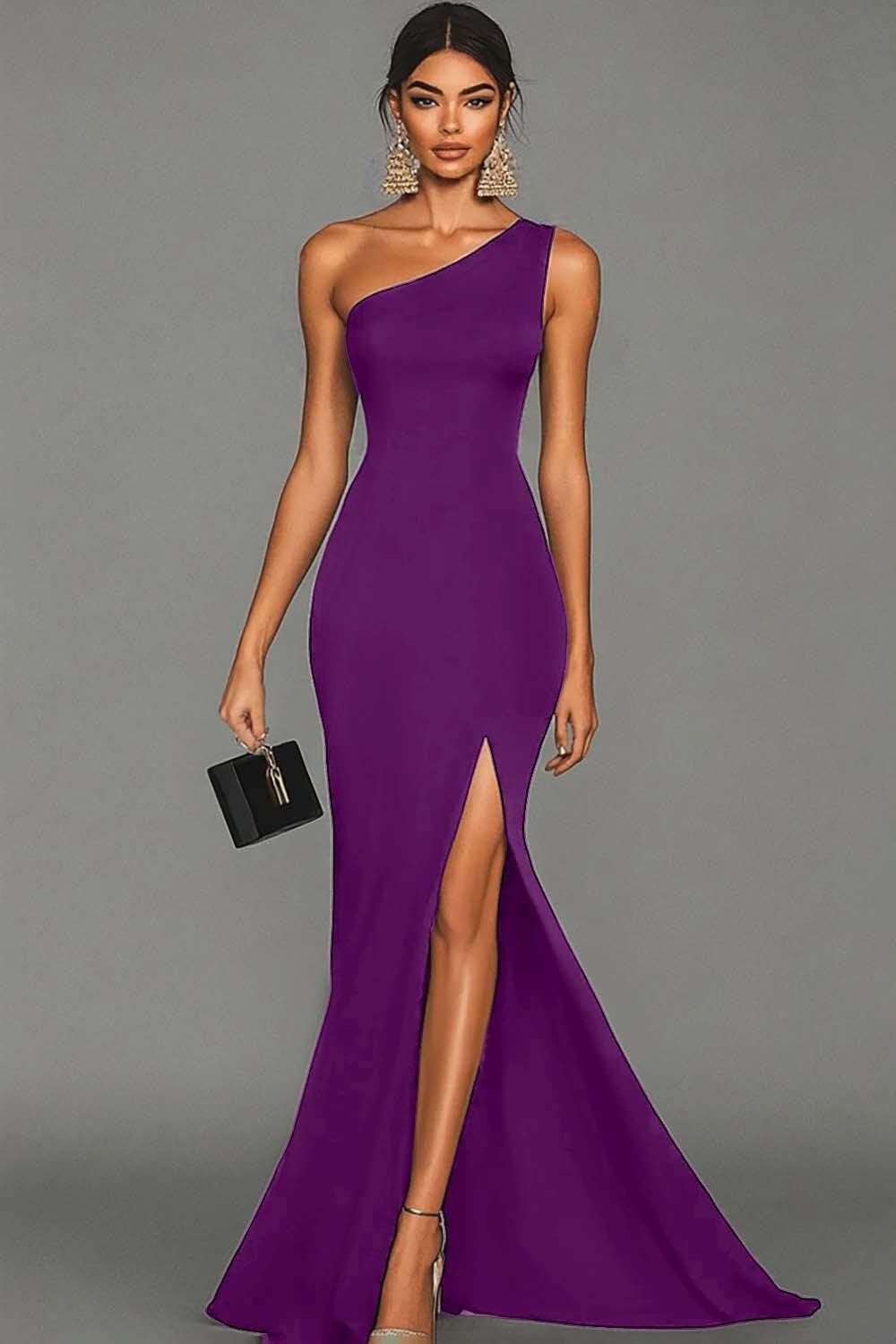 Suzhoufashion Stunning Black Mermaid One Shoulder Long Satin Prom Dress With Slit