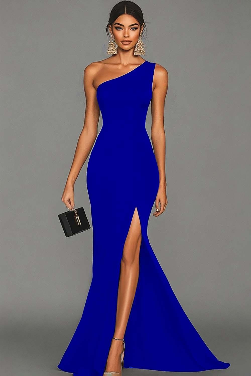 Suzhoufashion Stunning Black Mermaid One Shoulder Long Satin Prom Dress With Slit