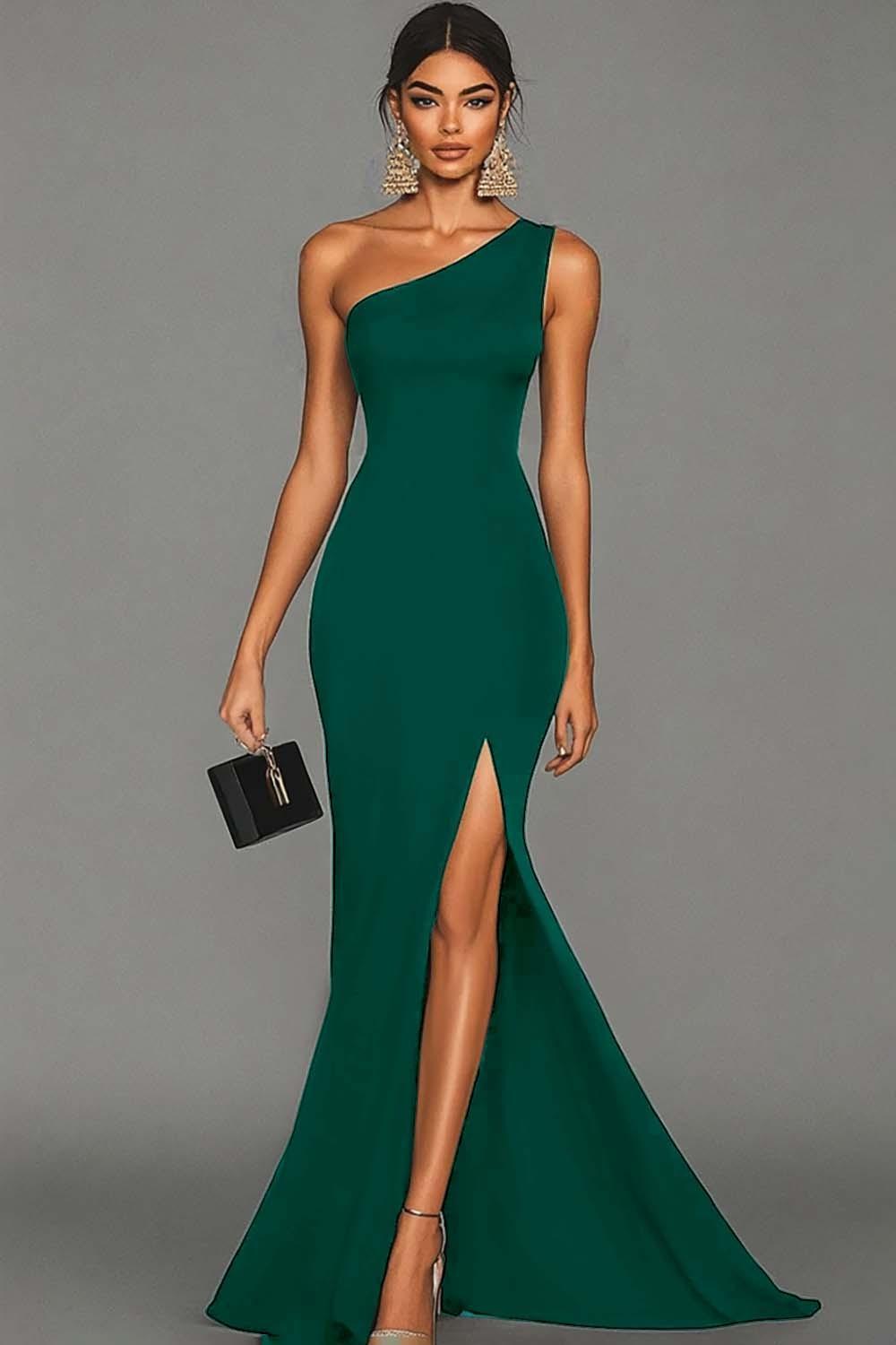 Suzhoufashion Stunning Black Mermaid One Shoulder Long Satin Prom Dress With Slit