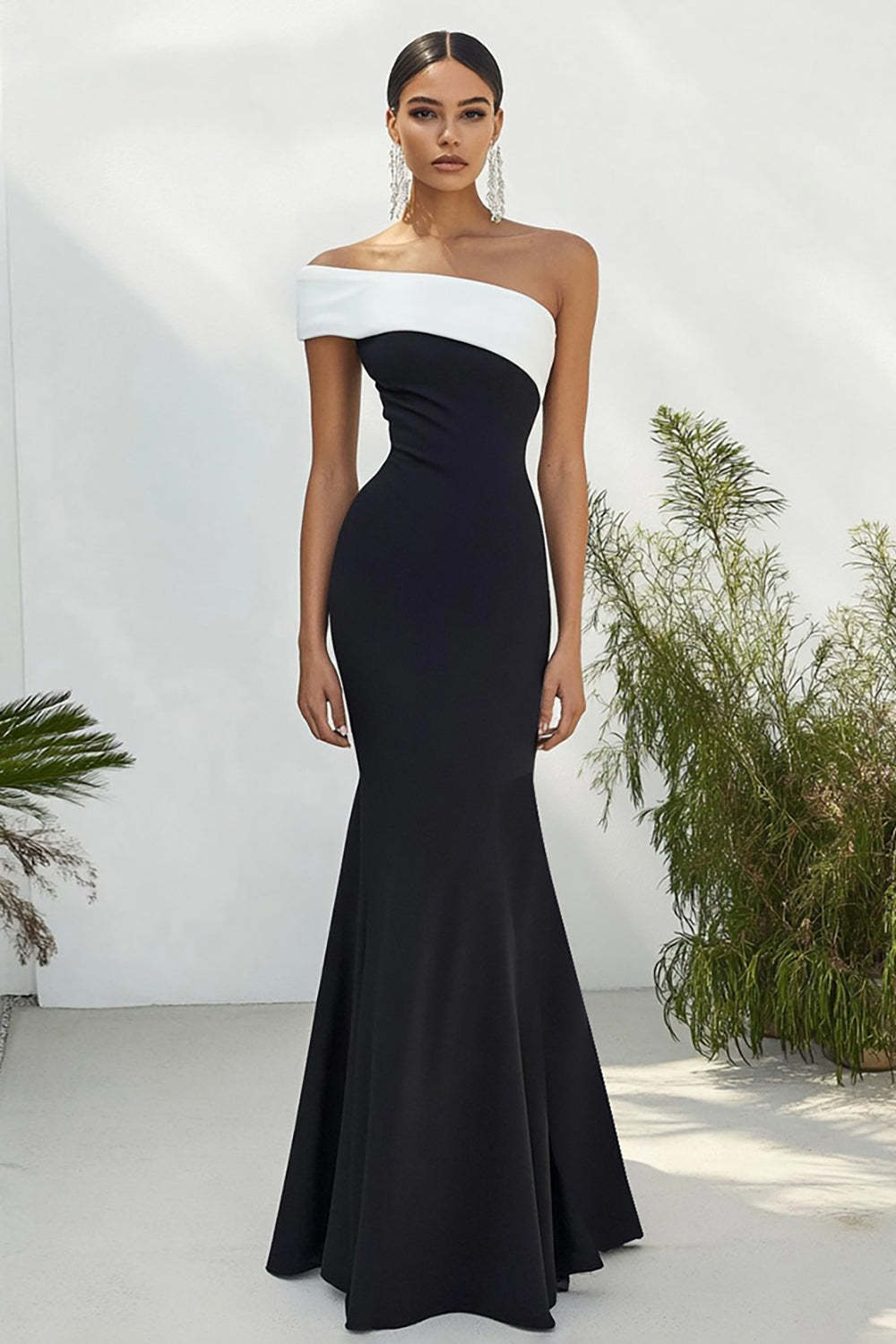 Suzhoufashion Stunning Black White One Shoulder Long Satin Prom Dress