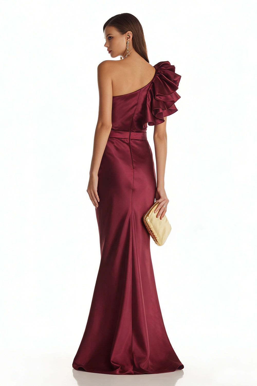 Suzhoufashion Stunning Burgundy One Shoulder Mermaid Long Satin Prom Dress With 3D Flower