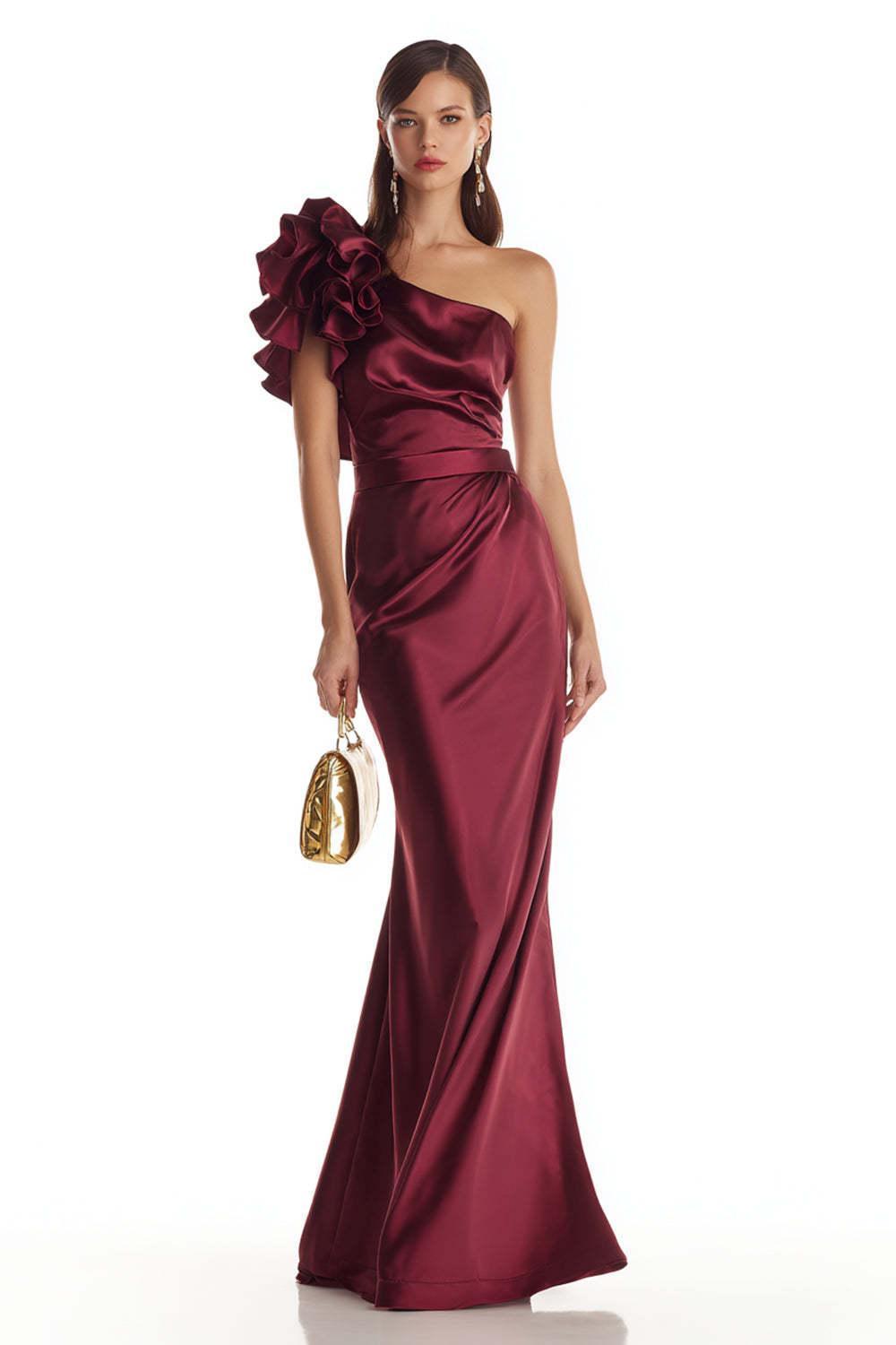 Suzhoufashion Stunning Burgundy One Shoulder Mermaid Long Satin Prom Dress With 3D Flower