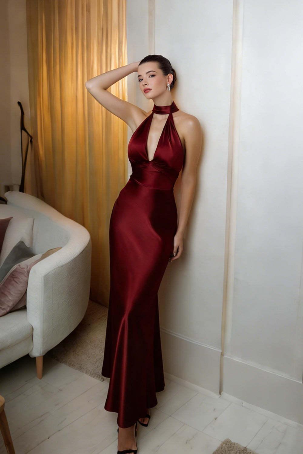 Suzhoufashion Stunning Burgundy Sheath Halter Long Satin Prom Dress