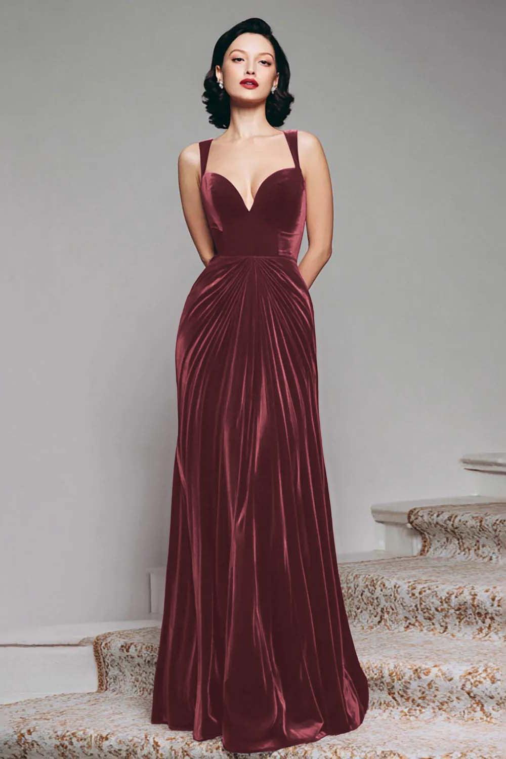 Suzhoufashion Stunning Burgundy Velvet Mermaid Thick Straps Long Prom Dress