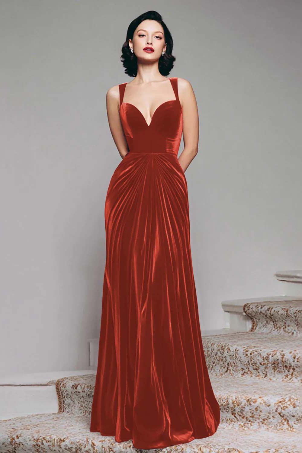 Suzhoufashion Stunning Burgundy Velvet Mermaid Thick Straps Long Prom Dress
