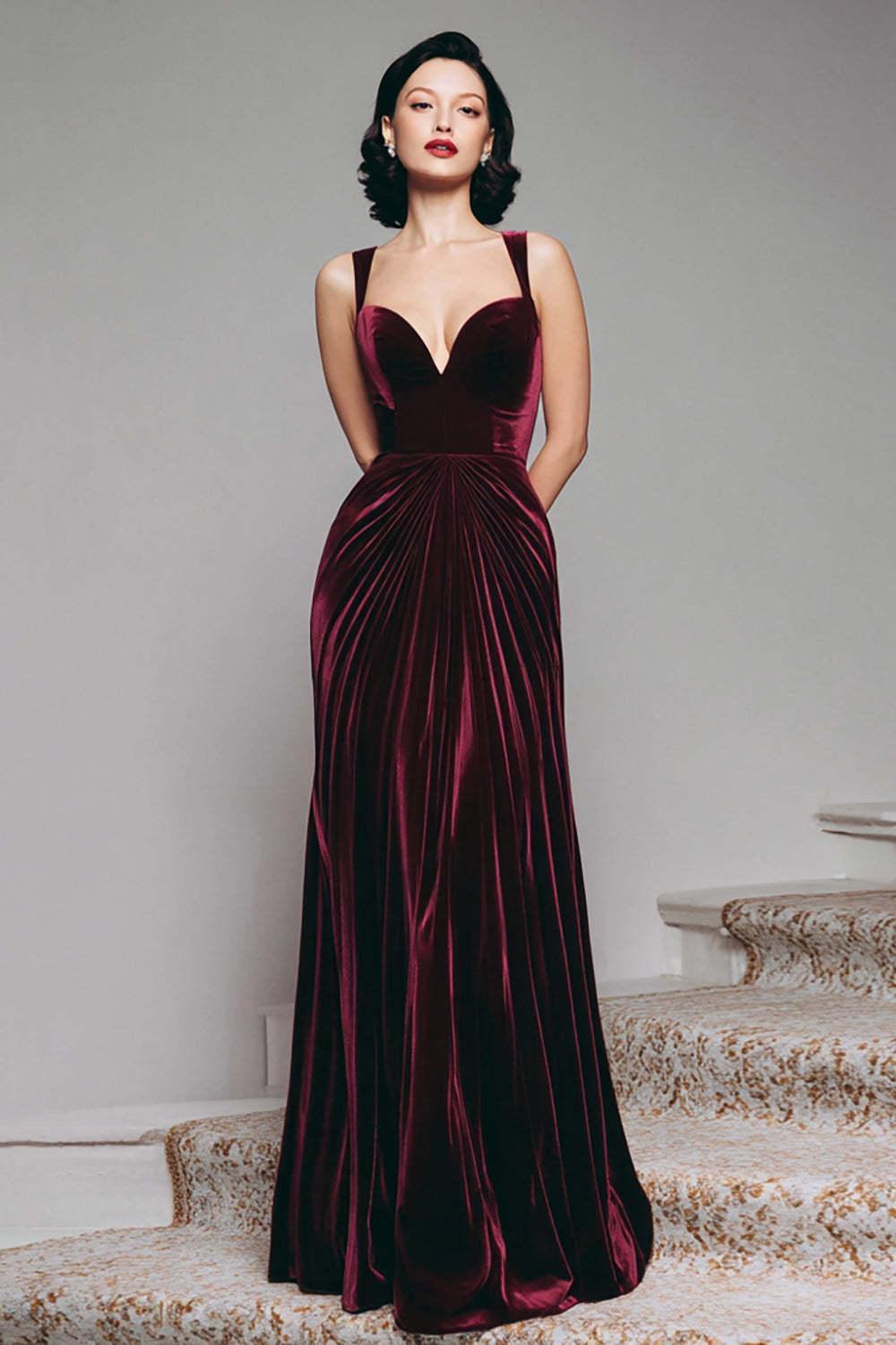 Suzhoufashion Stunning Burgundy Velvet Mermaid Thick Straps Long Prom Dress