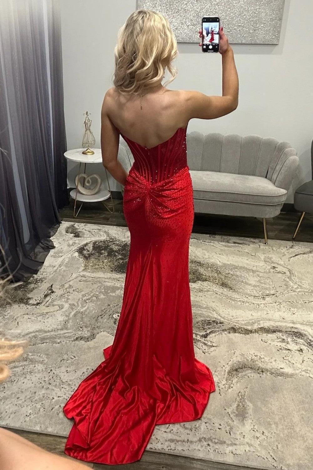 Stunning Glitter Yellow Strapless Beaded Corset Style Prom Gown With High Slit Formal Evening Gown