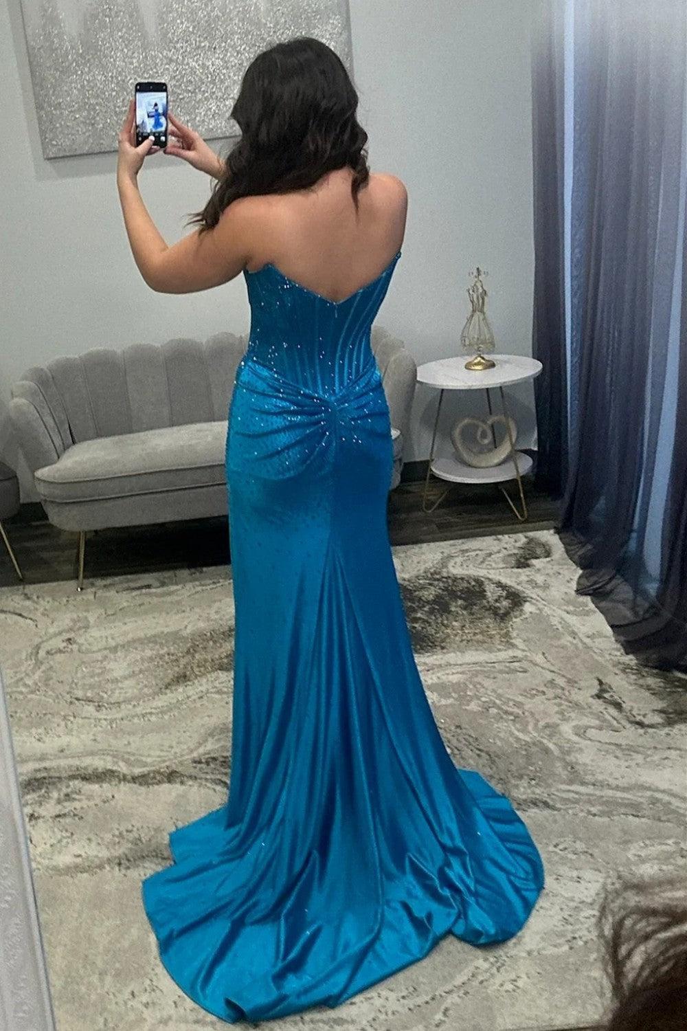 Stunning Glitter Yellow Strapless Beaded Corset Style Prom Gown With High Slit Formal Evening Gown