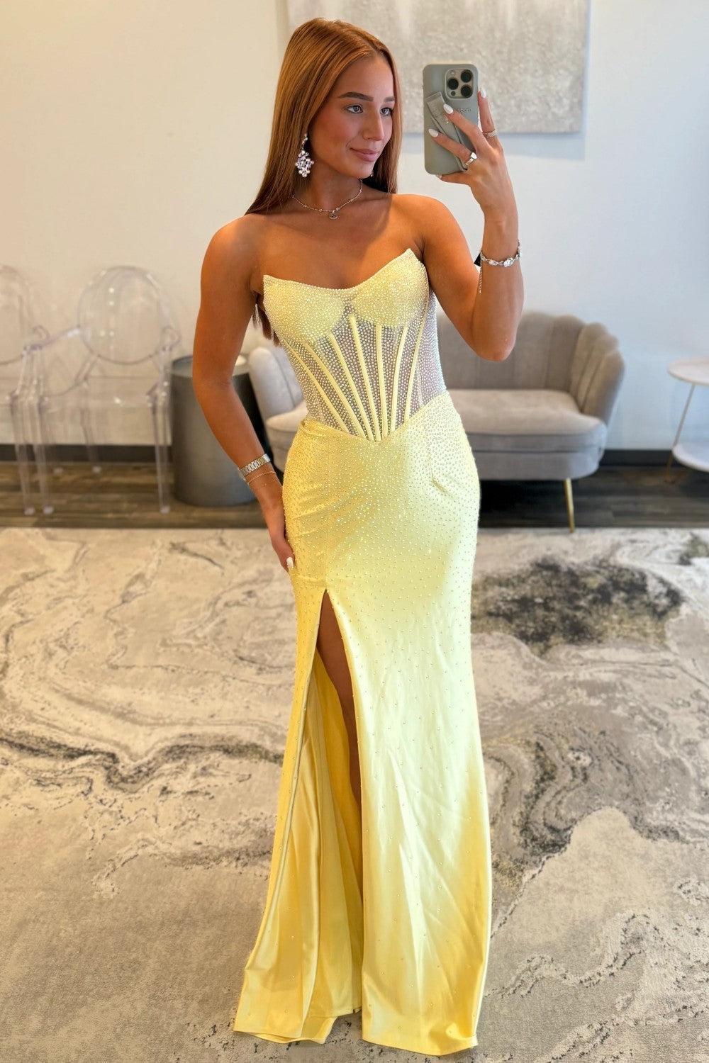 Stunning Glitter Yellow Strapless Beaded Corset Style Prom Gown With High Slit Formal Evening Gown