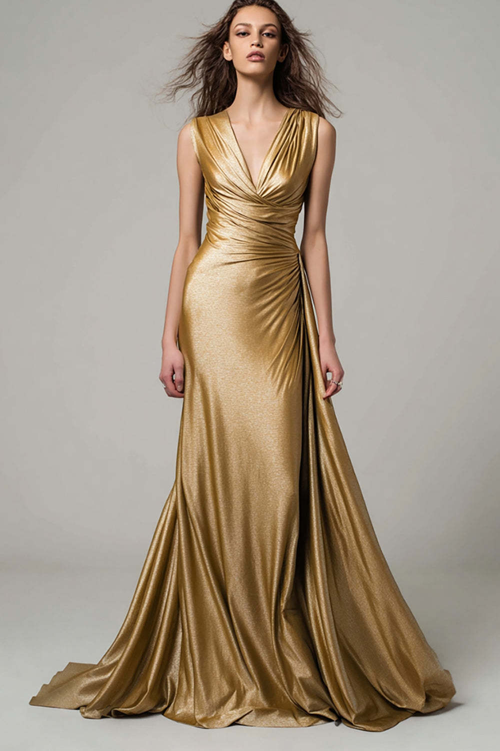 Suzhoufashion Stunning Gold V-Neck Ruched Mermaid Long Prom Dress