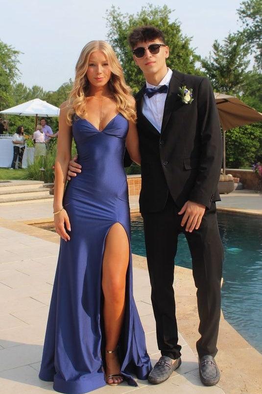 Suzhoufashion Mermaid Spaghetti Straps Navy Blue Long Prom Dress With Split Front Formal Evening Gown