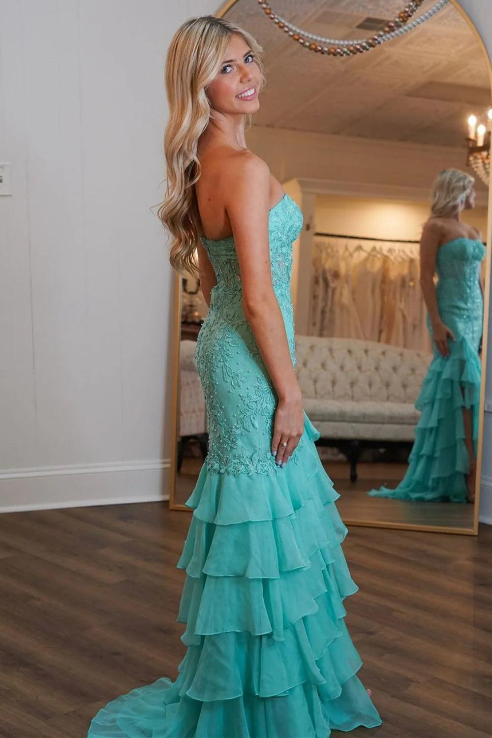 Suzhoufashion Stunning Mermaid Strapless Zipper Back Lace Corset Prom Dress With Ruffle Skirt Formal Evening Gown