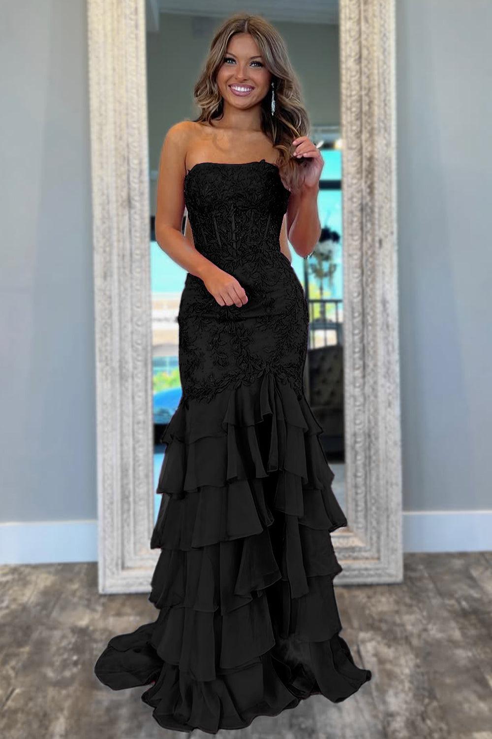 Suzhoufashion Stunning Mermaid Strapless Zipper Back Lace Corset Prom Dress With Ruffle Skirt Formal Evening Gown