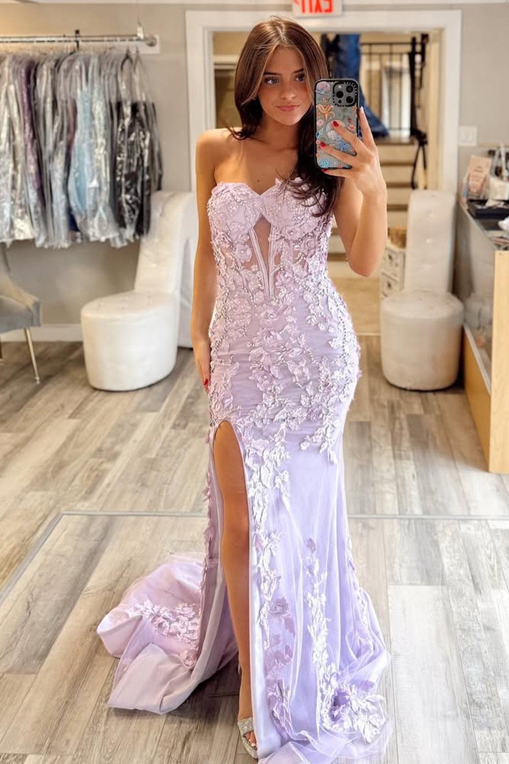 Suzhoufashion Stunning Mermaid Style Lilac Gown With Embroidery And Front Slit Prom Dress Formal Evening Gown