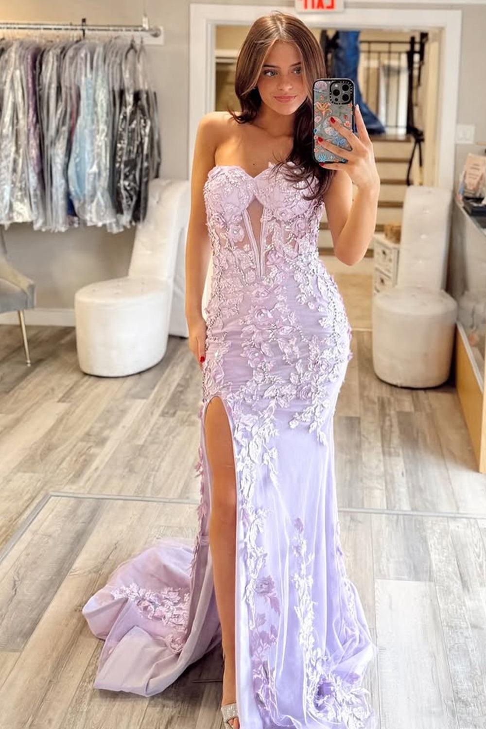 Suzhoufashion Stunning Mermaid Style Lilac Gown With Embroidery And Front Slit Prom Dress Formal Evening Gown