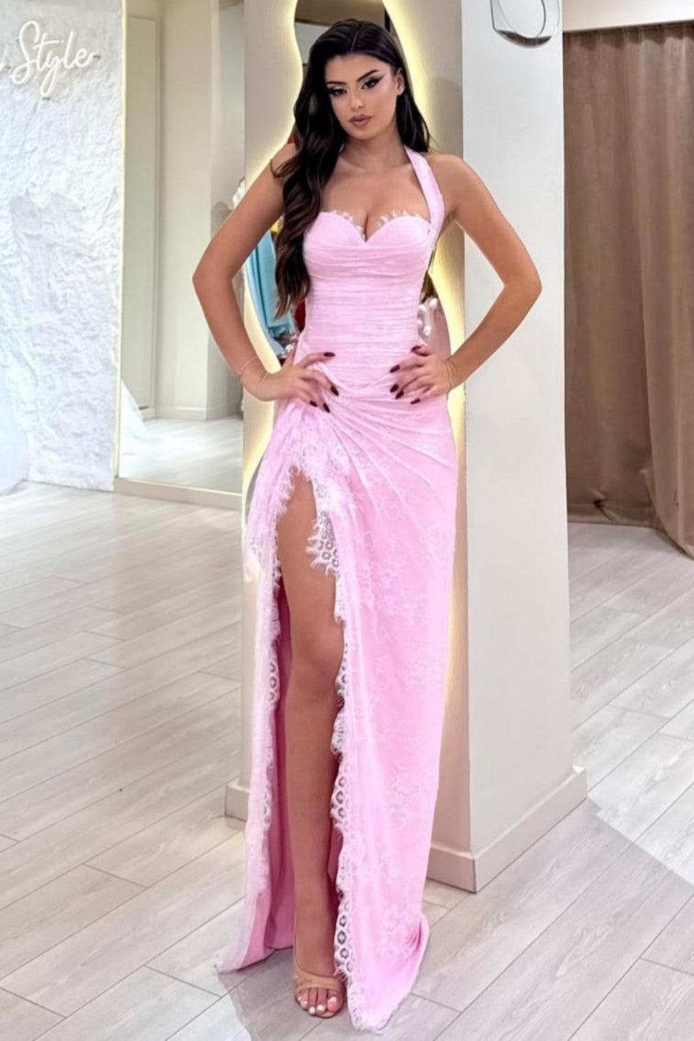 Suzhoufashion Pink Ruched Corset Lace Mermaid Prom Dress With Halter Neck & Slit Formal Evening Gown