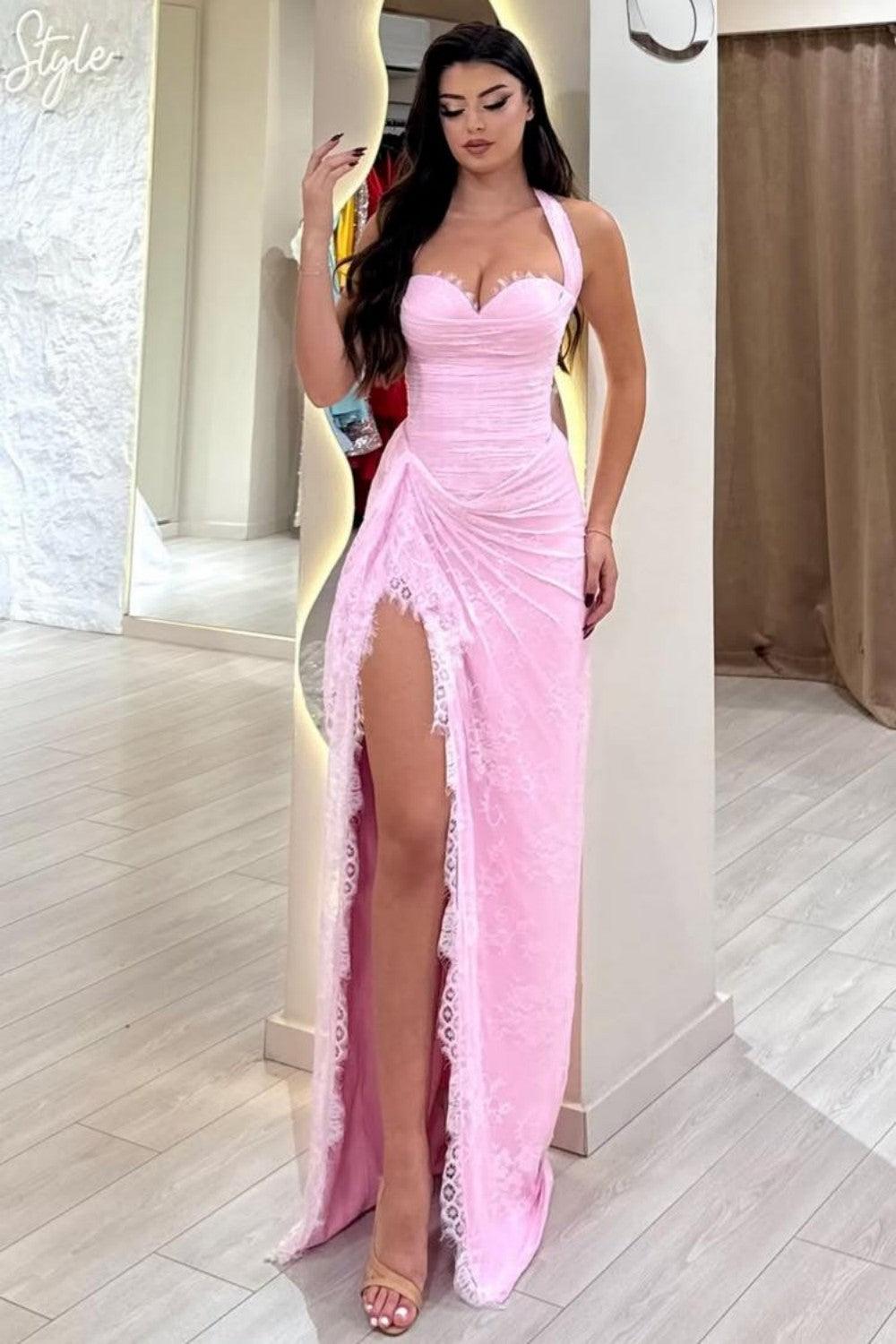 Suzhoufashion Pink Ruched Corset Lace Mermaid Prom Dress With Halter Neck & Slit Formal Evening Gown
