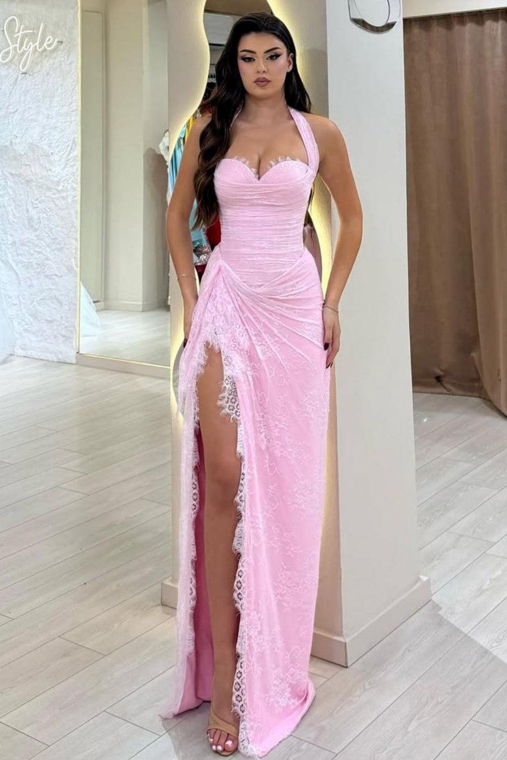 Suzhoufashion Pink Ruched Corset Lace Mermaid Prom Dress With Halter Neck & Slit Formal Evening Gown
