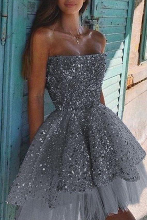 Stunning Silver Sequins Strapless Sleeveless A-Line Short Homecoming Dress