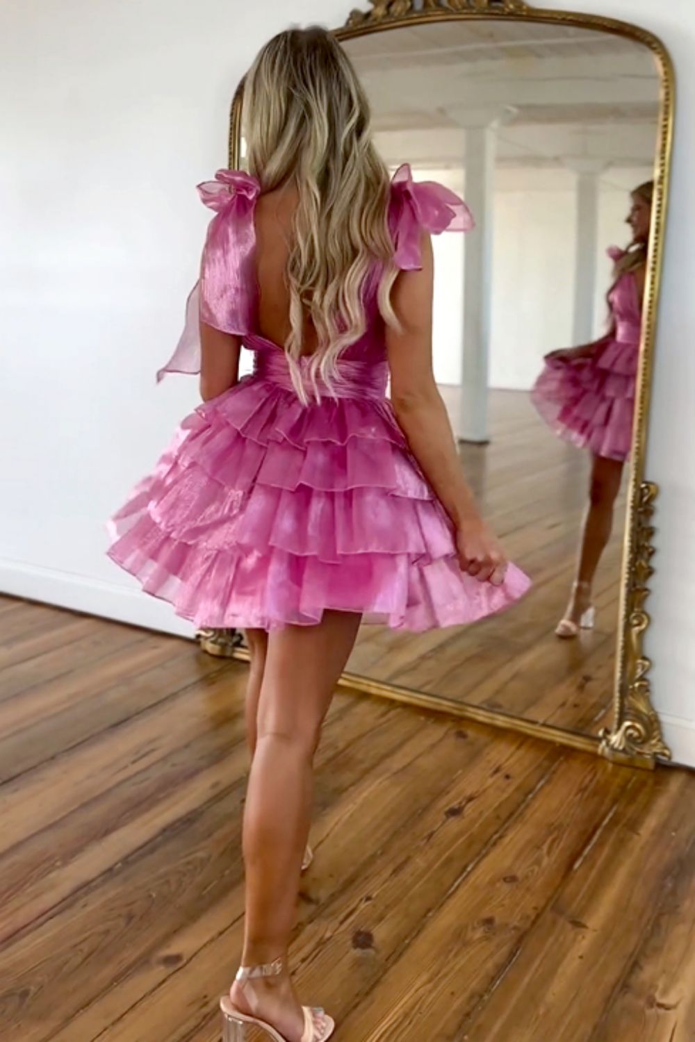 Stunning A-Line Deep V-Neck Short Tiered Satin Homecoming Dress - View 2 | VelvetHem