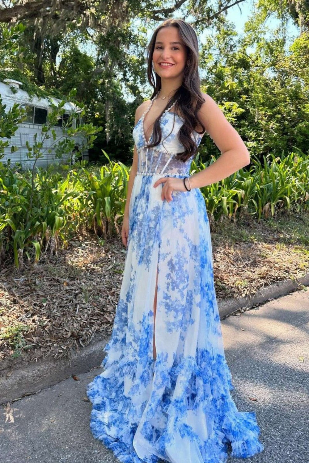 Stunning A Line Halter Neck Pink Floral Printed Corset Prom Dress with Pearls