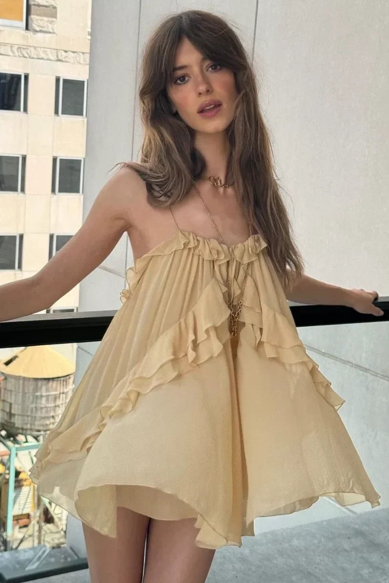 Stunning A Line Spaghetti Straps Champagne Short Homecoming Dress with Ruffles