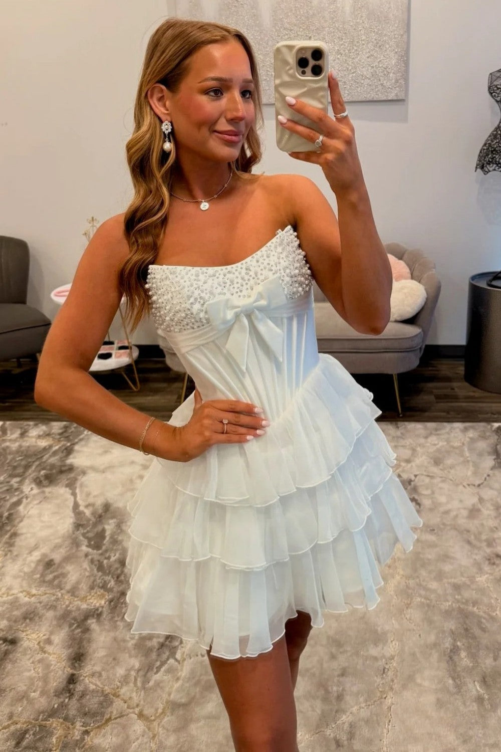 Stunning A Line Strapless Black Corset Homecoming Dress with Pearls