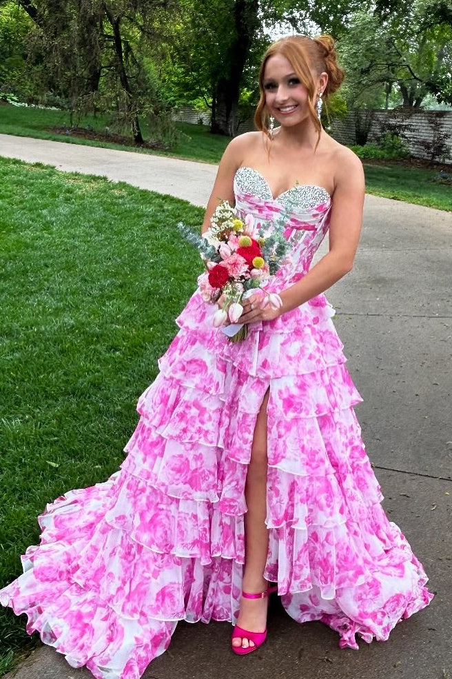 Stunning A Line Sweetheart Blue Printed Corset Prom Dress with Beading Ruffles - View 8 | VelvetHem