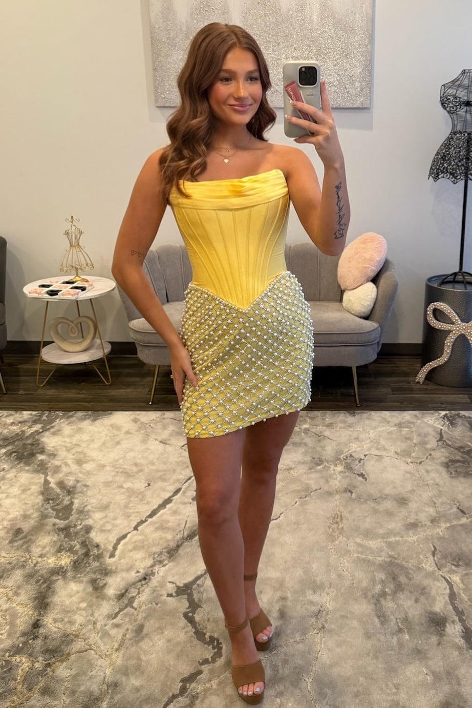 Stunning Bodycon Strapless Yellow/Pink Corset Homecoming Dress with Pearls