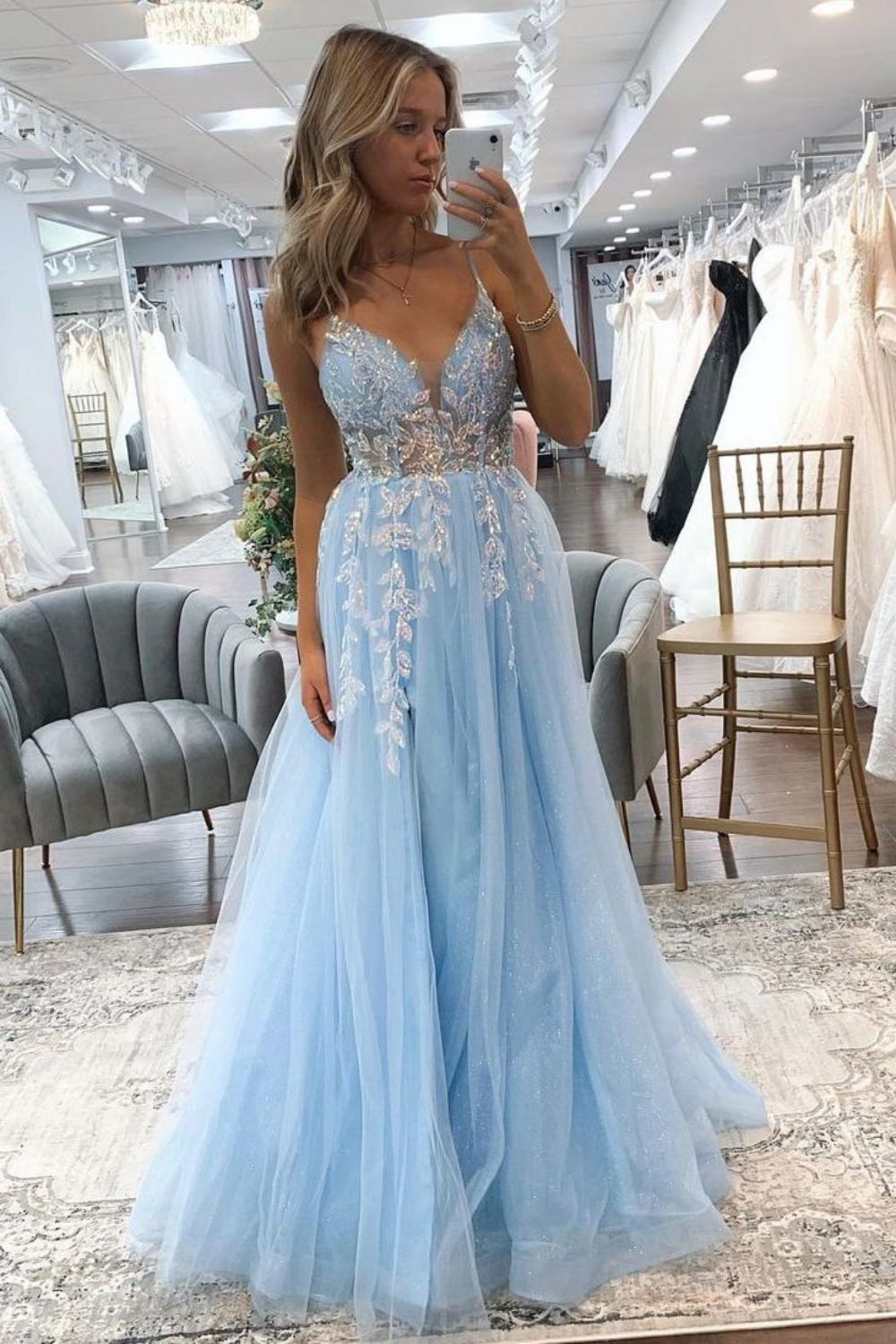 Stunning Light Blue A-Line Spaghetti Straps Long Tulle Prom Dress With Appliques - View 2 | VelvetHem