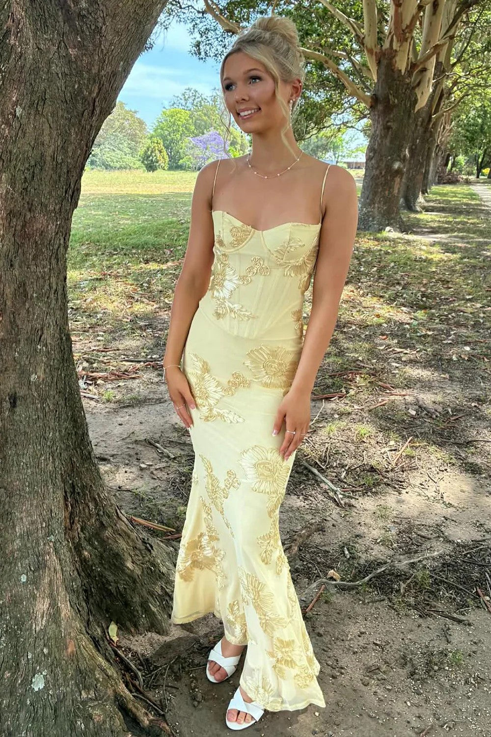 Stunning Mermaid Spaghetti Straps Yellow Long Prom Dress with Embroidery - View 4 | VelvetHem