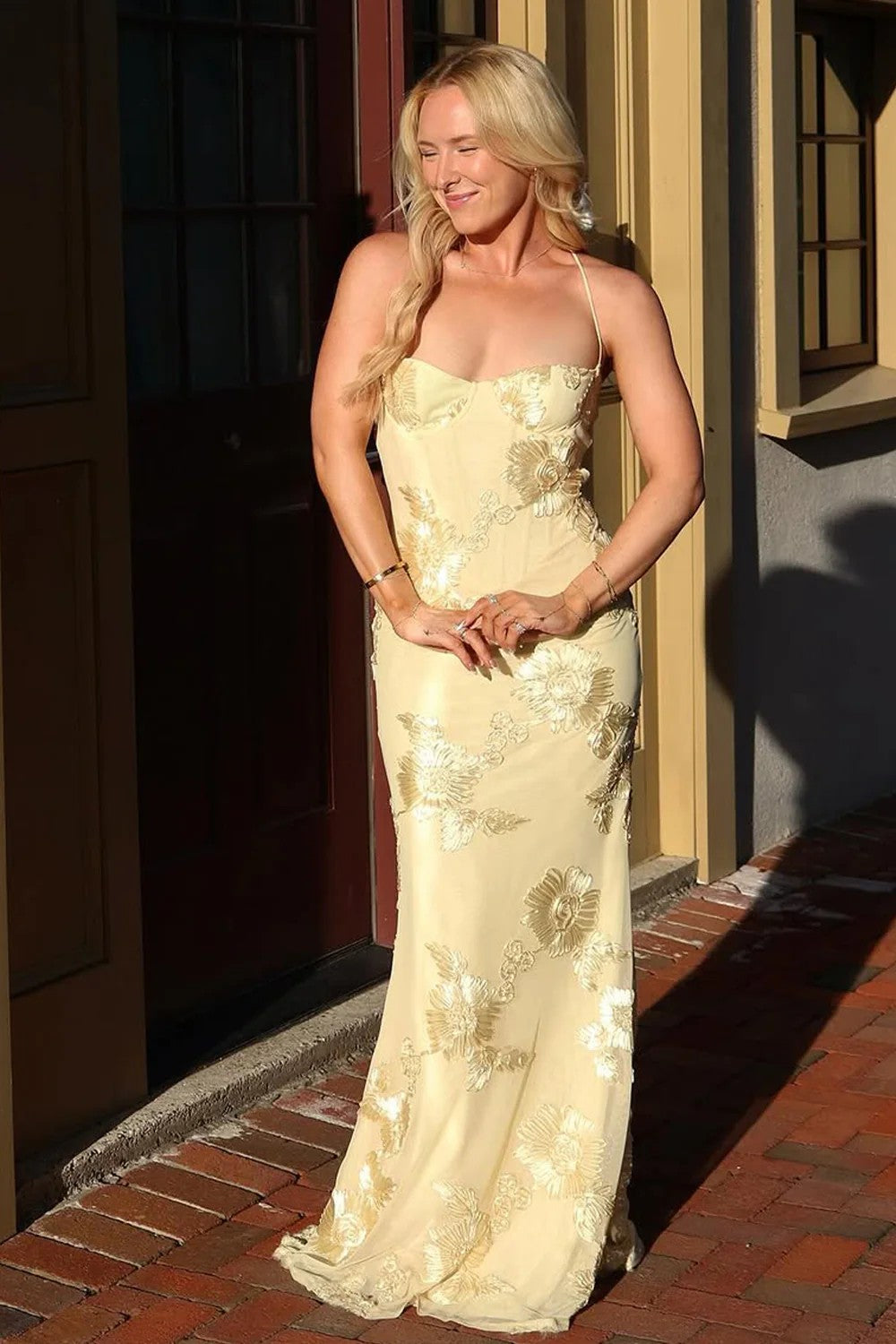 Stunning Mermaid Spaghetti Straps Yellow Long Prom Dress with Embroidery - View 3 | VelvetHem