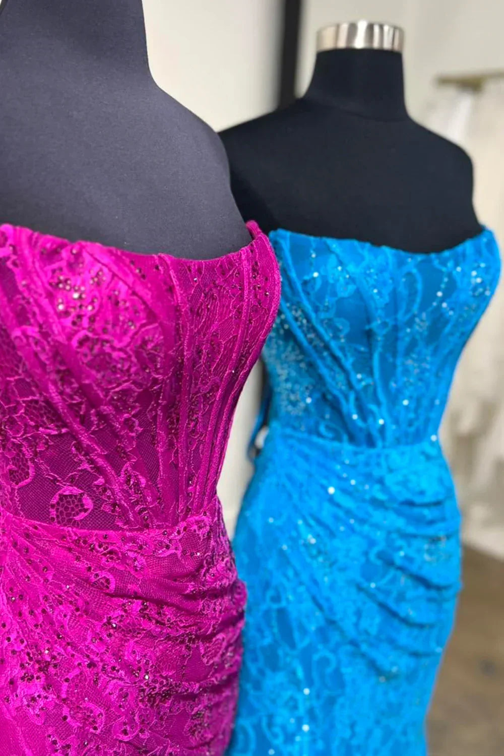 Gorgeous Mermaid Strapless Sweep Train Lace Prom Dress With Slit