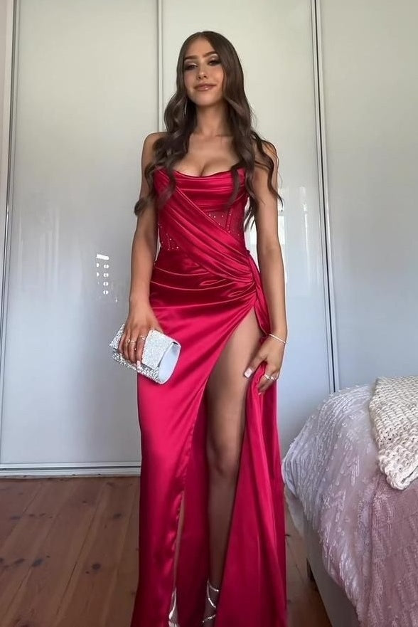 Stunning Mermaid Strapless Pink Corset Prom Dress with Split Front - View 5 | VelvetHem