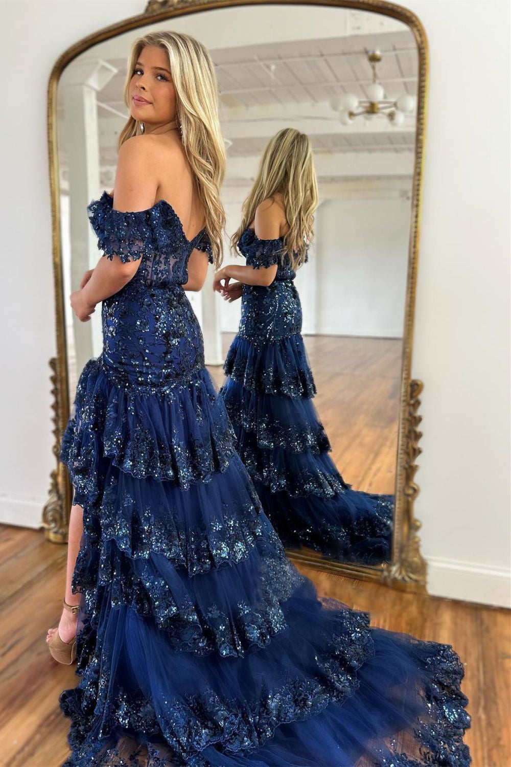 Sparkly Off The Shoulder Long Mermaid Prom Dress With Appliques And Split - View 2 | VelvetHem