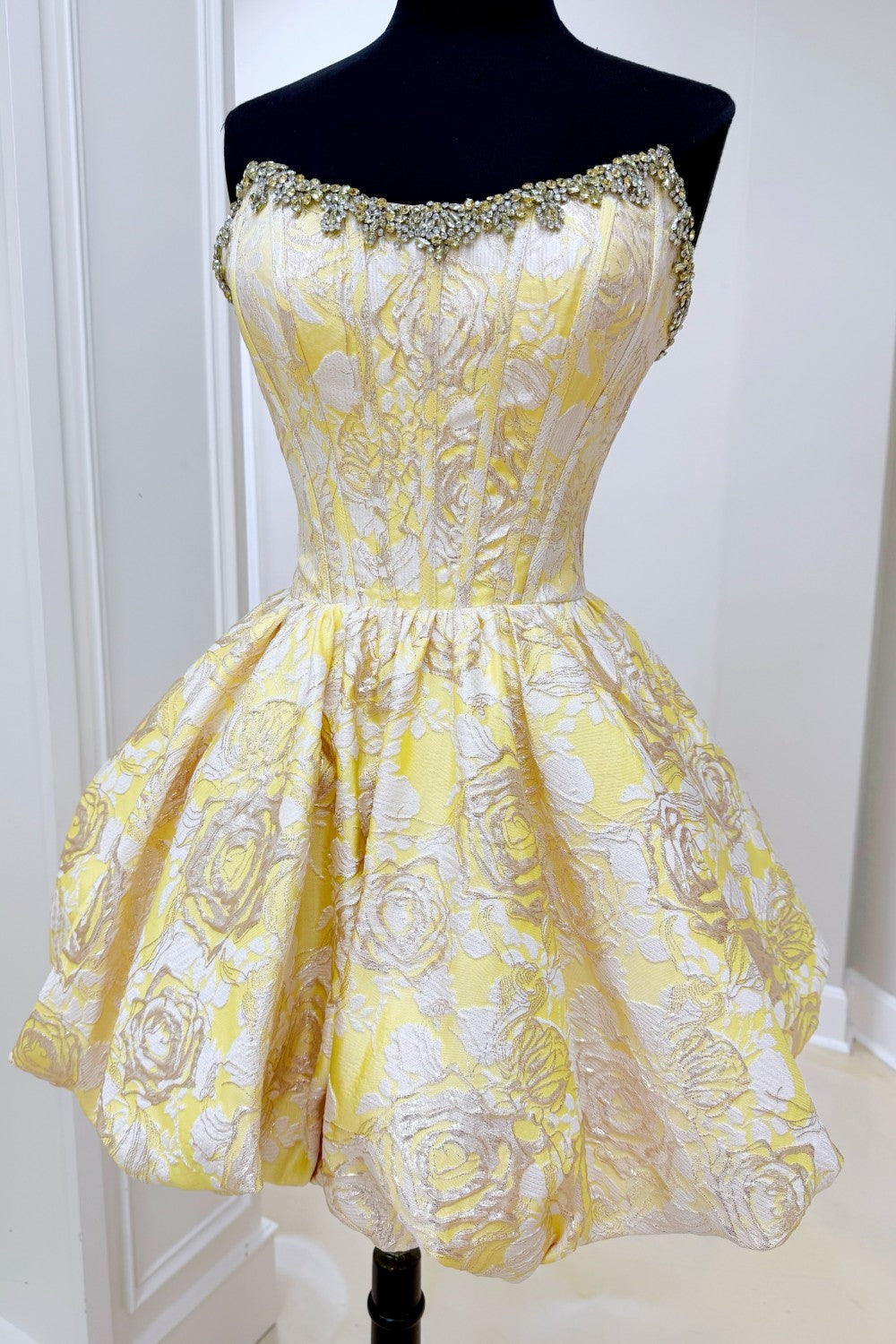 Stunning Pink Floral Brocade Homecoming Dress with Puffy Bubble Hem