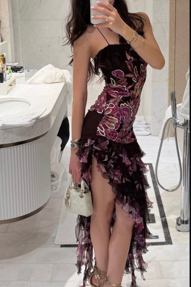Stunning Sheath Asymmetrical Spaghetti Straps Burgundy Party Dress with Ruffles