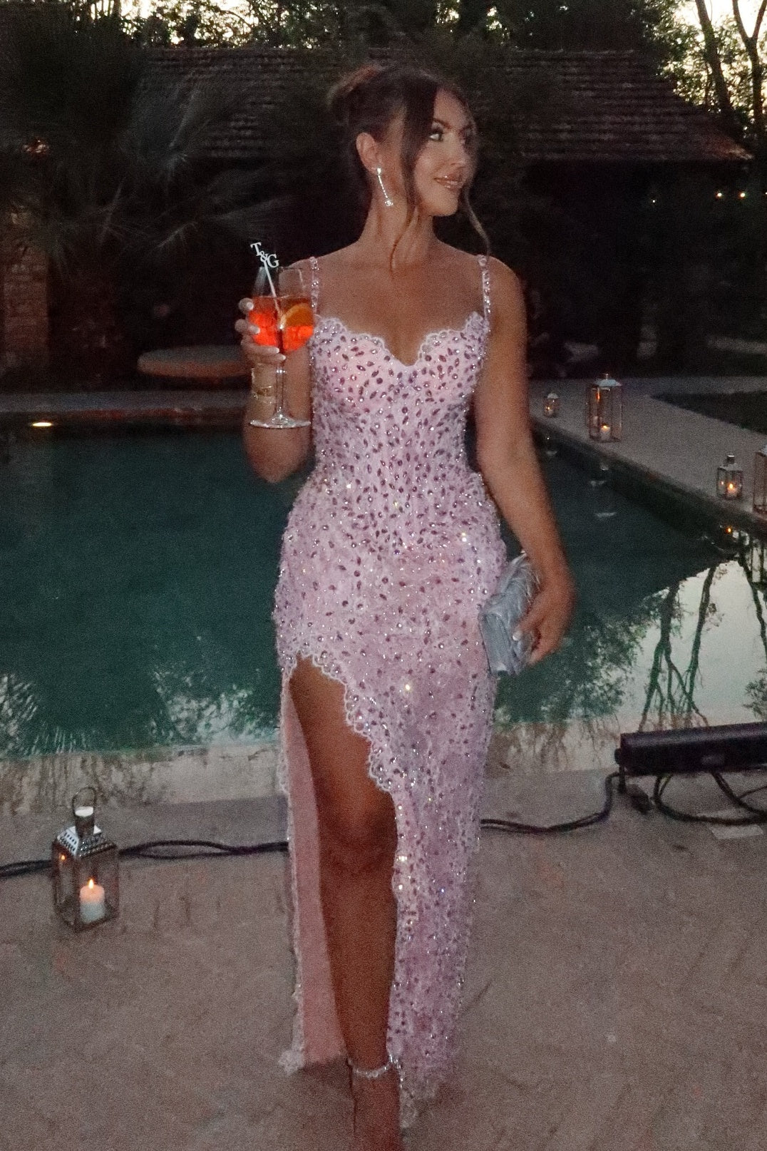 Luxurious Sheath Spaghetti Straps Pink Lace Party Dress with Beading - View 3 | VelvetHem