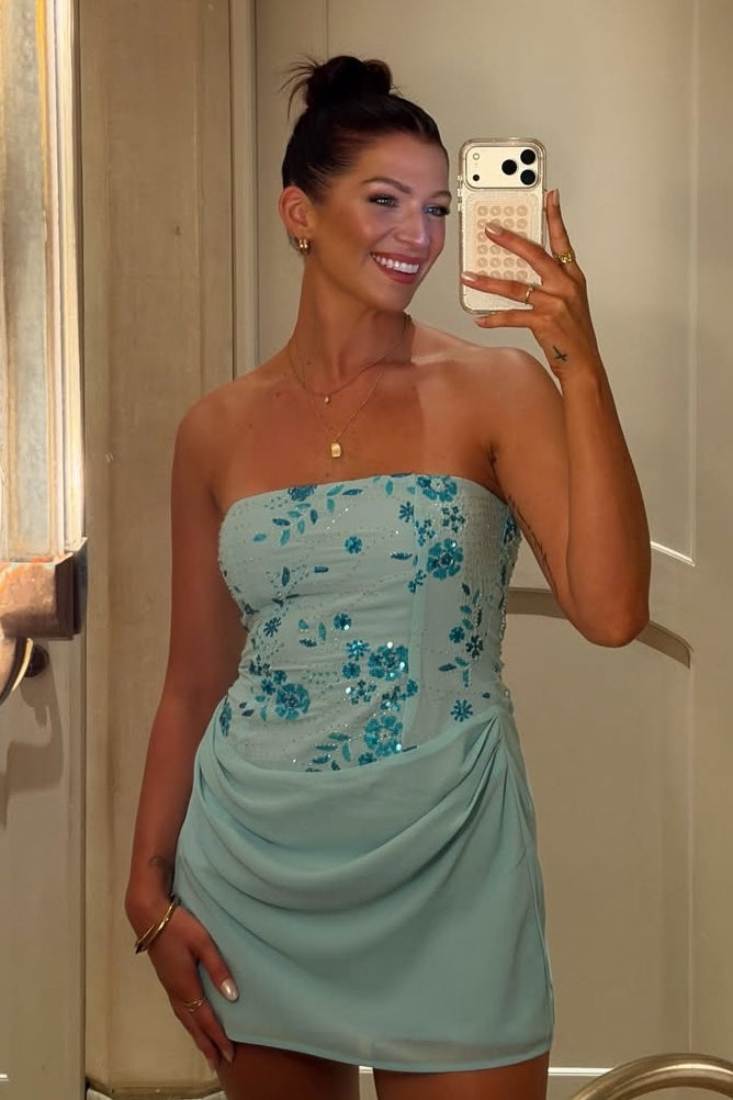 Stunning Sheath Strapless Blue Short Homecoming Dress with Beading