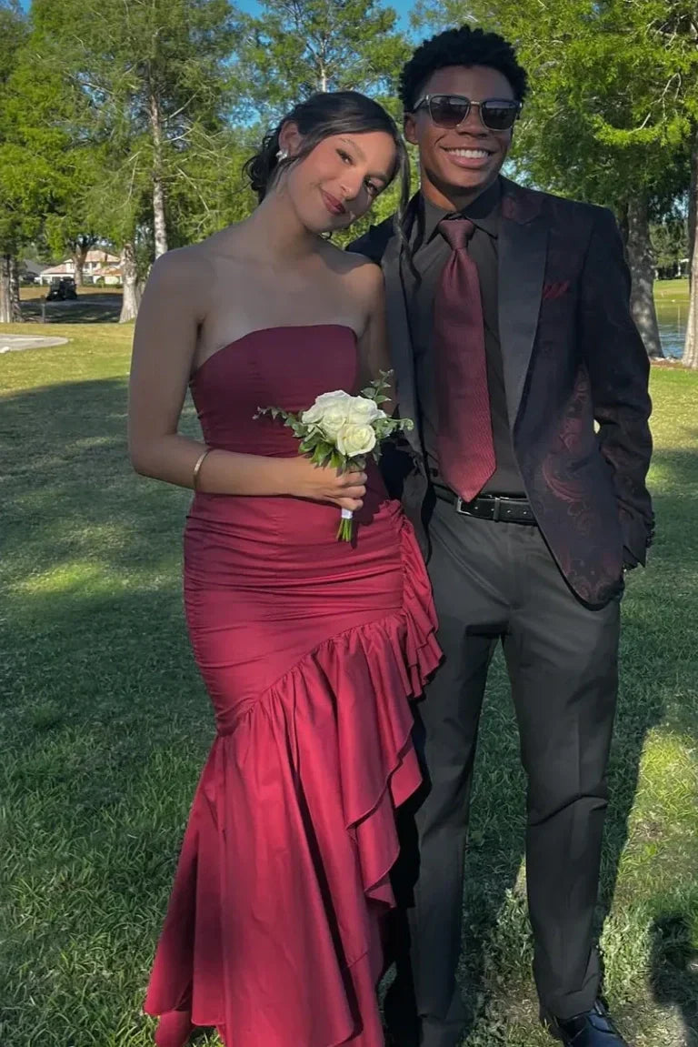 Stunning Sheath Strapless Burgundy Long Prom Dress with Ruffles