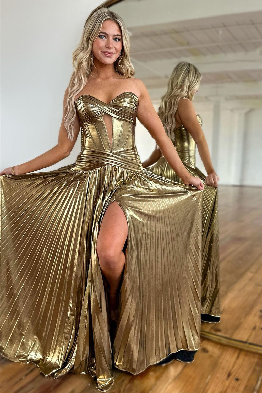 Sparkly Metallic Silver A-Line Sweetheart Long Prom Dress With Slit - View 4 | VelvetHem