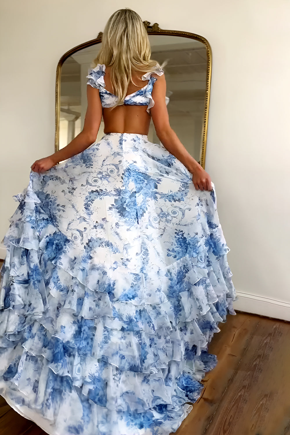 Stunning Blue V-Neck Waist Hollow A-Line Long Tiered Print Chiffon Prom Dress