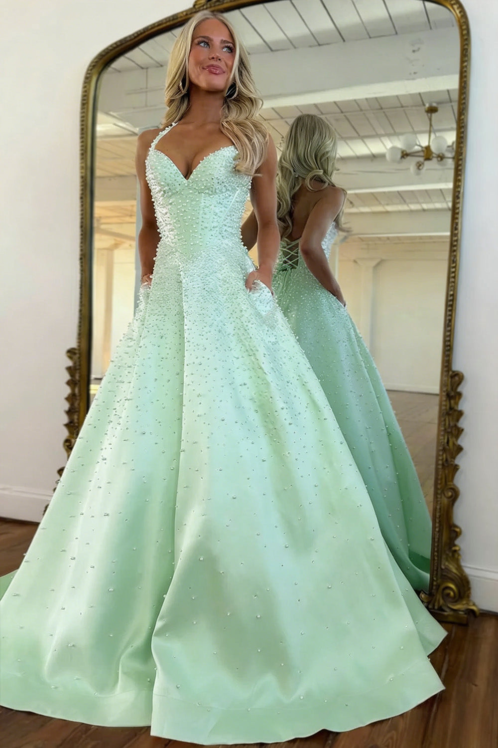 Stunning Pink Halter Corset Pearl Prom Dress with Beaded Bodice & Full Skirt