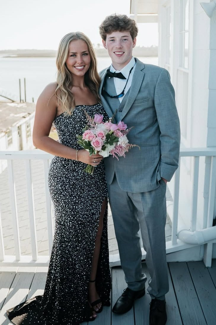 Stunning Mermaid Strapless Black Long Prom Dress with Pearls