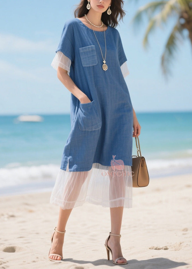Style Denim Blue Oversized Patchwork Tulle Straight Dress Summer